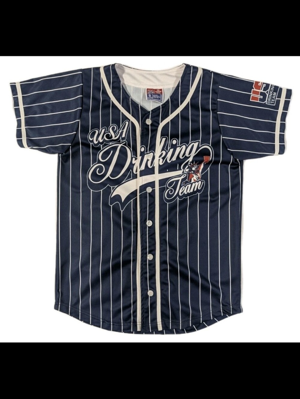 Official USA Drinking Team Baseball Jersey Navy Pinstripe Size Small #1 Novelty